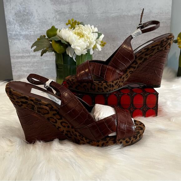 NEW RARE Spiegel Leather Platform Slingback Wedges Chocolate Leopard Sz 5.5 NWP - Picture 6 of 16